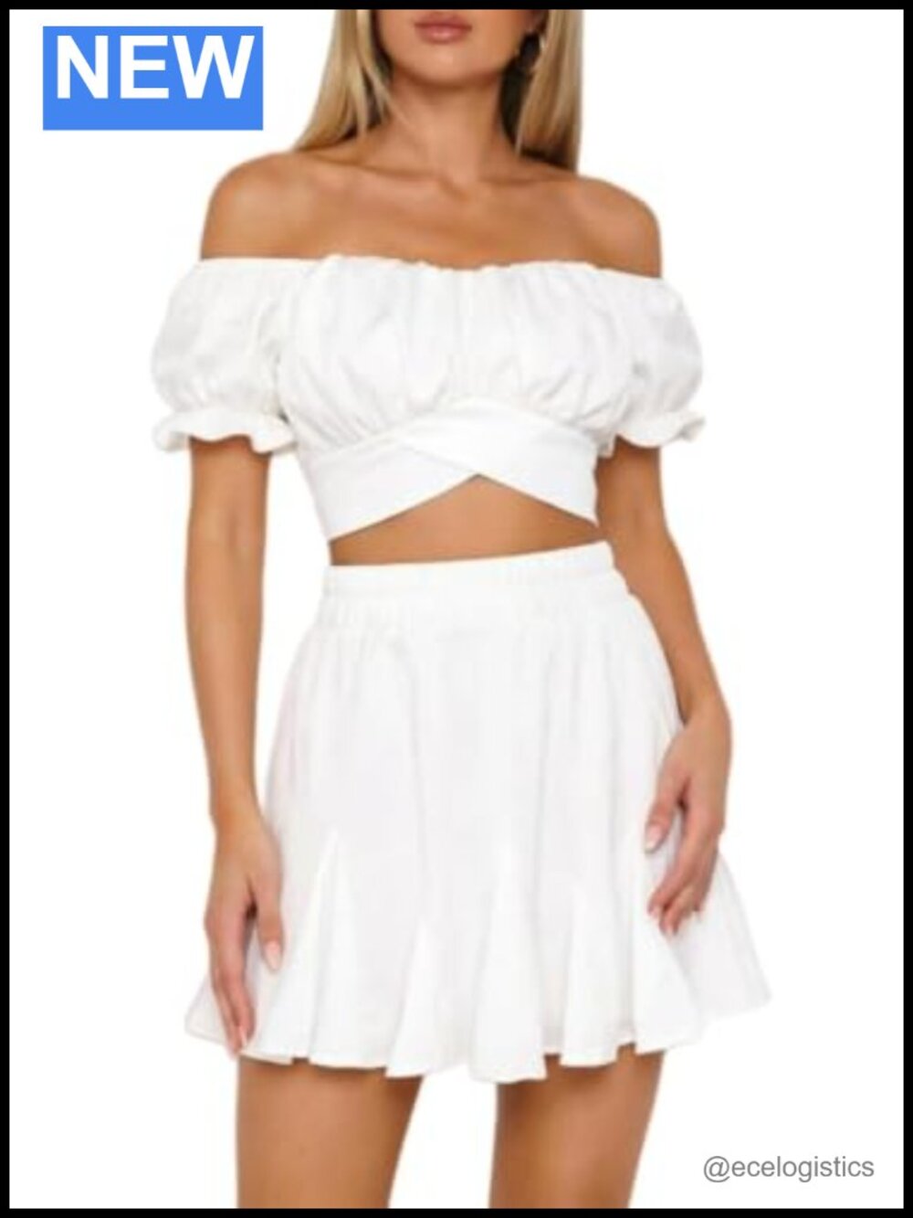 Women's 2 Piece Outfit Off Shoulder Crop Top Ruched Mini Skirt Set with Puff